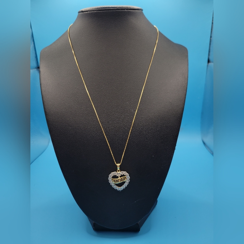 Sterling Silver with Gold Vermil Mom Heart Clear Stone Necklace